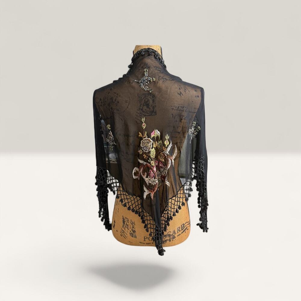 Vintage ATG Embroidered Beaded Fringe Scarf Wrap Shawl Whimsigoth Gypsy Boho‎ - Picture 2 of 16
